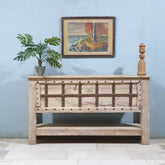 Handmade Carved Solid Hard Wood Console Table With Iron Fittings 164X40X91 Cm Bleach